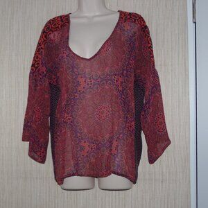 language silk Lace Sheer Long Sleeve Burgundy Print blouse Size:M